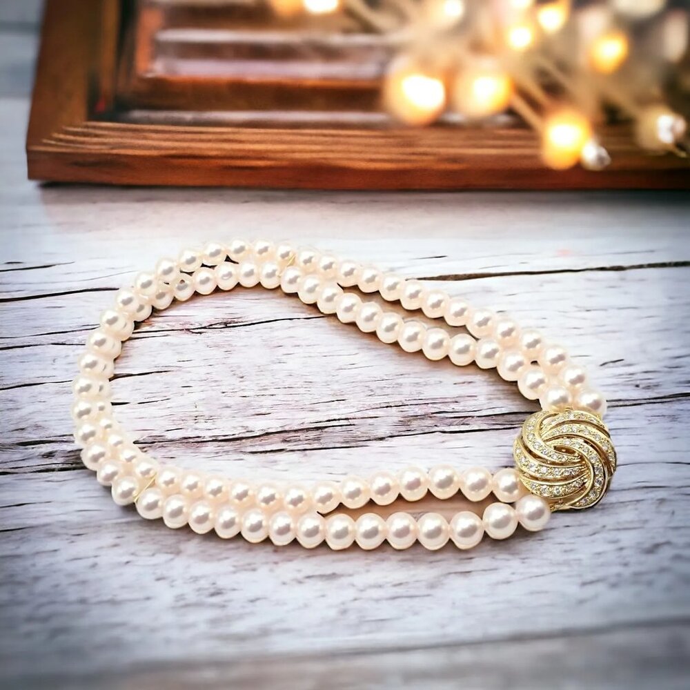 Authentic! Mikimoto 18k Yellow Gold Diamond Double Strand 8mm Pearl Necklace - Picture 2 of 16